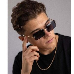 Rimless Rectangle Sunglasses Men Women Fashion Trendy Shades Style‎ Dark Black